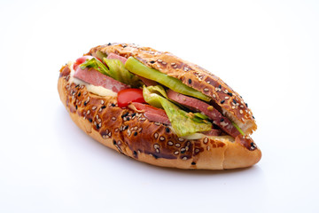 salami sandwich with vegetables on white background