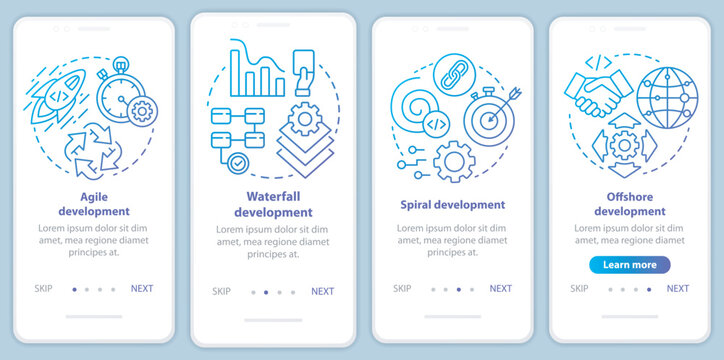 Software development methodologies onboarding mobile app page screen vector template. Programming process. Walkthrough website steps with linear illustrations. UX, UI, GUI smartphone interface concept