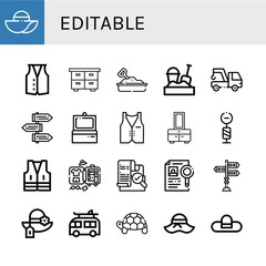 Set of editable icons such as Pamela, Vest, Chest, Sandbox, Tow, Signpost, Scanner, Luggage, Verification, Dossier, Camper, Turtle, Pamela hat , editable