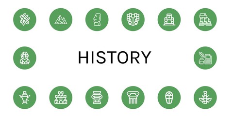 Set of history icons such as Headdress, Pyramid, Moai, Armour, Ruined, Samovar, Fortress, Column, Sarcophagus, Faravahar, Knight, Quill , history