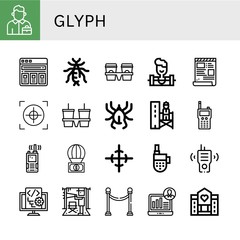 Set of glyph icons such as Salesman, Price list, Earwig, Cup carrier, Weighlifter, Script, Crosshair, Acari, Supervisor, Walkie talkie, Parachute, Center of gravity, Director , glyph