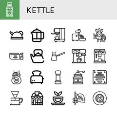 Set of kettle icons such as Coffee grinder, Teapot, French press, Coffee maker, Mincer, Coffee, Tea bag, Cezve, Kettlebell, Toaster, Grinder, Extractor, Dripper, shop , kettle