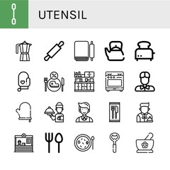 Set of utensil icons such as Cotton swab, Moka pot, Rolling pin, Dough, Teapot, Toaster, Oven mitt, Restaurant, Kitchen, Stove, Waiter, Cutlery, Soup, Bottle opener , utensil