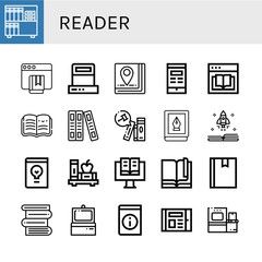 Set of reader icons such as Book, Ebook, Scanner, Open book, Books, Design book , reader