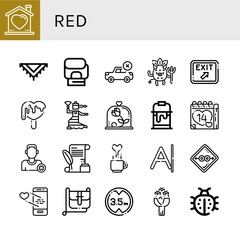 Set of red icons such as Heart, Shawl, Boxing gloves, Forbidden, Devil, Exit, Love, Flamenco, Rose, Paint bucket, Valentines day, Remove friend, Letter, Condom, Hand bag , red