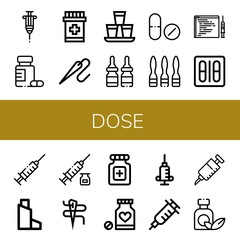Fototapeta premium Set of dose icons such as Vaccine, Medicine, Needle, Shots, Drug, Syringe, Code injection, Blister pack, Inhaler, Pills, Vaccination , dose
