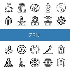 Set of zen icons such as Incense, Wind chimes, Kimono, Yoga, Yin yang, Geisha, Relax, Ying yang, Buddhism, Om, Buddha, Taoism, Logogram , zen