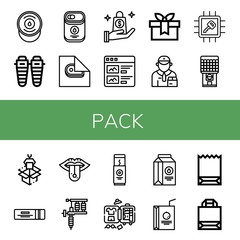 Set of pack icons such as Sour cream, Shin, Condensed milk, Wrapping, Shopping bag, Products, Gift, Deliveryman, Chip, Chewing gum, Packaging, Piercing, Tattoo machine , pack