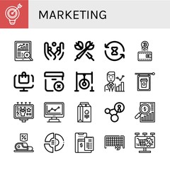 Set of marketing icons such as Target, Data analytics, Juggling, Darts, Processing time, Wallet, Online order, Delete package, Darts target, Statistics, Signboard , marketing