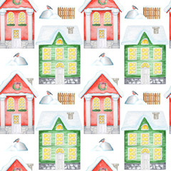 Seamless pattern Watercolor Christmas winter houses with white wooden door, luminous windows, with snow on the roof. Fabric, paper texture. Bright colors red, green house on a white background.