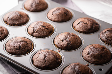 chocolate cupcake on iron pan