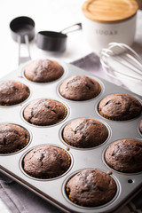chocolate cupcake on iron pan
