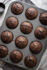 chocolate cupcake on iron pan