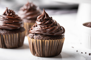 chocolate cupcake on marble background