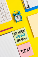 Conceptual hand writing showing New Monday New Week New Goals. Concept meaning showcasing next week resolutions To do list Crumpled white paper on table clock mobile and pc keyboard