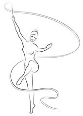 Rhythmic gymnastics. Silhouette of a girl with a ribbon. Beautiful gymnast. The woman is slim and young. Vector illustration