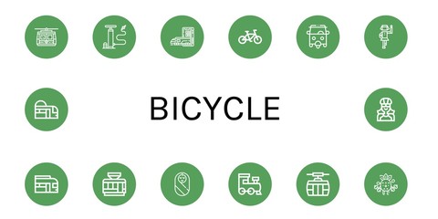 Set of bicycle icons such as Cable car, Air pump, Subway, Bicycle, Rickshaw, Polka, Train, Tramway, Baby, Exercise, Biker , bicycle