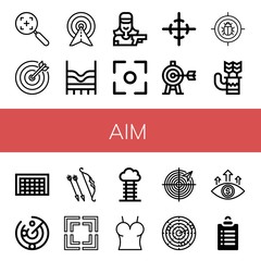 Set of aim icons such as Target, Top, Shooter, Focus, Center of gravity, Quiver, Goal, Radar, Archer, Dart, Goals , aim