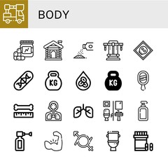 Set of body icons such as Lifter, Vitamins, Sauna, Powder, Bench press, X ray, Genes, Kettlebell, Erythrocytes, Mirror, Bone, Human organs, Lungs, Restroom, Lotion, Ear spray , body