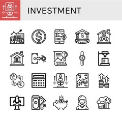 Set of investment icons such as Growth, Budget, Payment, Bank, Coin, Exchange, Analysis, Time is money, Analyst, Calculator, Finance, Startup, Money, Piggy bank, Marketing director , investment