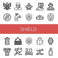 Set of shield icons such as Eagle, Antivirus, Security agent, Lotion, Coat of arms, Data protection, Crown, Riot police, Hockey mask, Ddos, Armor, Firewall, Spyware, Shield , shield