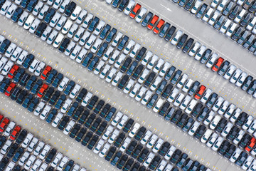 Top view of cars in logistics export and import area 