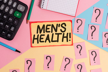 Text sign showing Men S Health. Business photo text state of complete physical mental and social well being by analysis Mathematics stuff and writing equipment above pastel colours background
