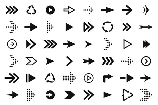 Set of black arrows, forward and back, up and down. Arrow icons, pointers and direction signs. Straight and curved arrows for web design