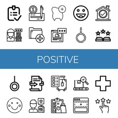 Set of positive icons such as Done, Review, Check, Add, Rating, Ok, Neutral, Rate, Smile, Feedback, Check out, Quality, Cross , positive