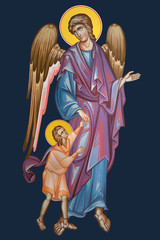 Guardian angel with kind. Illustration, frescoes in Byzantine style