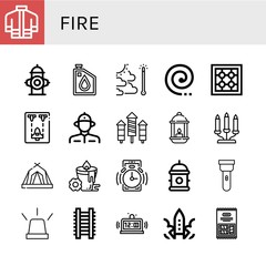 Set of fire icons such as Firefighter uniform, Fire hydrant, Oil, Global warming, Mosquito coil, Stove, Spaceship, Firefighter, Rocket, Lantern, Candelabra, Tent, Candle , fire