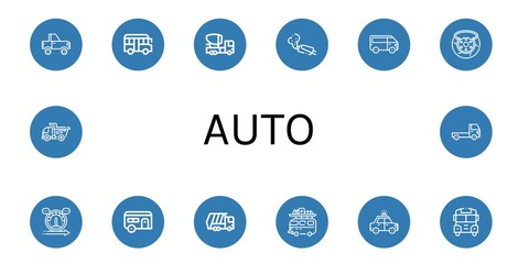 Set of auto icons such as Jeep, School bus, Mixer truck, Muffler, Van, Brake, Speed, Caravan, Garbage truck, Camper van, Police car, Dump truck, , auto