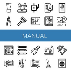 Set of manual icons such as Shaving brush, Plier, Sewing machine, Razor, Lever, Gearstick, Online support, Manual book, Cicerone, Shift, Information, Guide, Pliers, Transmission , manual