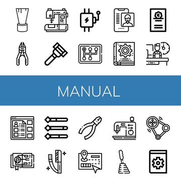 Set of manual icons such as Shaving brush, Plier, Sewing machine, Razor, Lever, Gearstick, Online support, Manual book, Cicerone, Shift, Information, Guide, Pliers, Transmission , manual