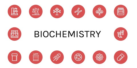 Set of biochemistry icons such as Test tube, Phylogenetics, Chromosome, Phylogenetic, Hormones, Sample tube, Formula, Nanotechnology, Petri dish , biochemistry