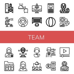 Set of team icons such as Supervisor, Director, Hand, Man, Startup, Hockey goal, Sticks, Ball, American football, People, Accountant, Group, Basketball, Marketing director , team