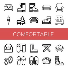 Set of comfortable icons such as Sofa, Grip, Boots, Bench, Snow boots, Armchair, Slippers, Fabric, Stool, Boot , comfortable