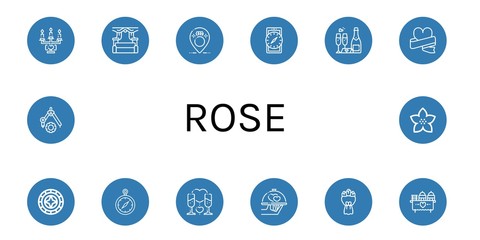 Set of rose icons such as Wedding, Compass, Windrose, Romantic, Bouquet, Flower , rose