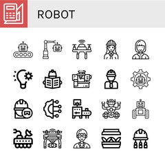 Set of robot icons such as Engineering, Production, Robot, Drone, Engineer, Technician, Automation, Machinery, Artificial intelligence, Conveyor, Moon rover, Artificial light , robot