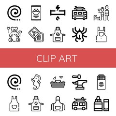 Set of clip art icons such as Mosquito coil, Teddy, Nachos, Blocks, Broken pipe, Apron, Camper, Acari, Brothers, Seahorse, Anvil, Jam, Ph meter , clip art