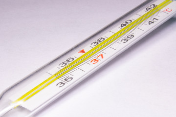 Part of the scale of a medical thermometer located on a white background