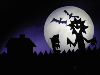Halloween dark background with scary creatures, Ghosts, bats, police officer monster, full moon.