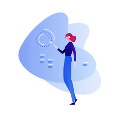 Vector virtual reality person illustration. Female in vr glasses work with futuristic interface on abstract background. Concept of innovation in technology. Design for banner, poster, flyer, website