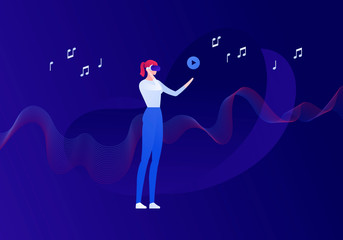 Vector virtual reality person banner template. Female in vr glasses holding play icon on fluid wave background. Concept of innovation in music entertainment. Design element for poster, flyer, web