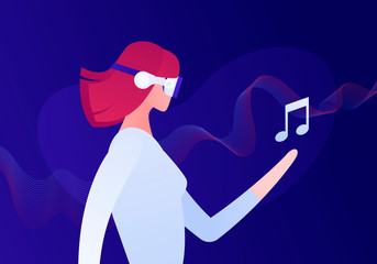 Vector virtual reality person banner template. Female in vr glasses holding musical note on fluid wave background. Concept of innovation in music entertainment. Design element for poster, flyer, web