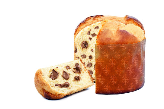 chocolate stuffed panettone, typical Brazilian sweet bread served as a dessert for Christmas and New Year celebrations. Known as chocotone. Christmas food isolated on white background.