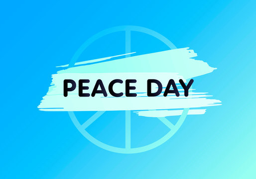 Vector flat international peace day banner template. Abstract brush illustration with pacify sign and black text on blue background. Design element for holiday greeting card, poster, web, flyer