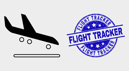Vector airplane arrival icon and Flight Tracker seal stamp. Red rounded scratched stamp with Flight Tracker caption. Vector combination in flat style. Black isolated airplane arrival icon.