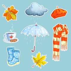 Set of autumn stickers. Umbrella, striped scarf, beret, a cup of tea on a saucer, rubber boots, rain cloud, fallen leaves.