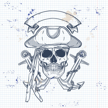 Sketch, pirate skull with anchor, mustaches and pirate hat. Poster, flyer design on a notebook page